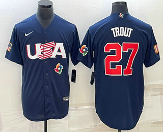 Mens USA Baseball #27 Mike Trout 2023 Navy World Baseball Classic Stitched Jersey